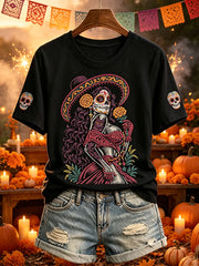 Women's Day of the Dead Skull Lady Print Short-sleeved T-shirt