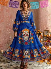 Women's Day Of Dead Sugar Skull Mexican Floral Print Long Sleeve Maxi Dress