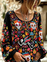 Women's skull and plant flower pattern printed casual cotton and linen shirt