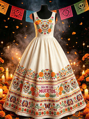 Women's Day Of Dead Sugar Skull Mexican Floral Print Maxi Dress