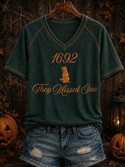 Women's Halloween “1692 They Missed One” Printed V-neck T-shirt