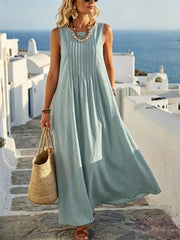 Women's Pintucked Pleated Flowy Linen Maxi Dress
