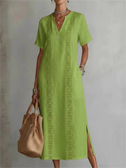 Women's Classy Side Slit Notch Neck Linen Maxi Dress