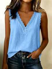 Women's Basic Lace Trim V Neck Linen Tank Top