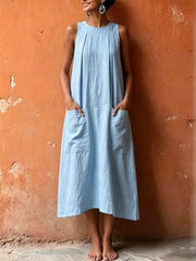 Women's Patch Pockets Pinched A Line Maxi Linen Dress