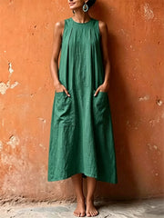 Women's Patch Pockets Pinched A Line Maxi Linen Dress