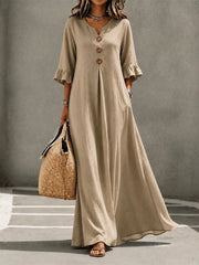 Women's Buttons Pinched Ruffle Trim Mid Sleeve Flowy Maxi Dress