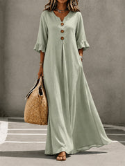 Women's Buttons Pinched Ruffle Trim Mid Sleeve Flowy Maxi Dress