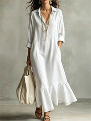 Women's Ruffle Bottom Button Up Linen Maxi Shirt Dress