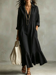 Women's Ruffle Bottom Button Up Linen Maxi Shirt Dress