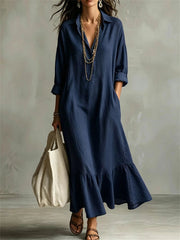 Women's Ruffle Bottom Button Up Linen Maxi Shirt Dress