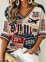 Women's We Will Never Forget 9 11 September 11 Mid-length Sleeves V-Neck T-Shirt