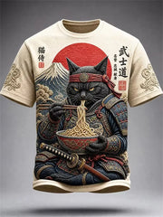 Men's Japanese Samurai Cat Eating Ramen Print short sleeves t-shirt