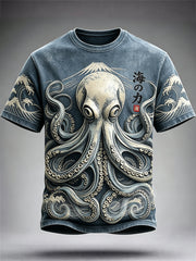 Men's Japanese Octopus & Sea Waves Print short sleeves t-shirt