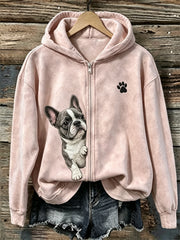 Women's Peeking French Bulldog & Paw Print Full Zip Hoodie
