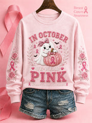 Women's"In October We Wear Pink" Breast Cancer Awareness Halloween Casual Regular Sweatshirt