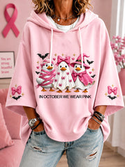 Women's In October We Wear Pink Halloween Pink Ghost Print Breast Cancer Awareness Support 3/4 Sleeve Hoodie
