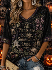 Women's Halloween Dark Flower Pattern Printed Casual Mid-length Sleeves V-Neck T-Shirt