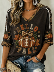 Women's Autumn Pumpkin Pattern Casual Mid-length Sleeves V-Neck T-Shirt