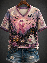Women's Halloween Breast Cancer Printed V-neck T-shirt