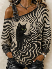 Women’s Black Cat Stripes Casual Off-Shoulder Sweatshirt