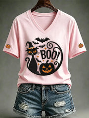 Women’s Halloween Black Cat Casual V-Neck Tee