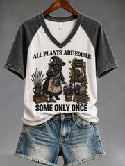 Women's "All Plants Are Edible Some Only Once" Halloween Cat Floral Print Casual T-shirt