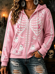 Women's Pink Ribbon Floral Skeleton Ghost Print Comfy Zip-Up Hoodie