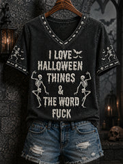 Women's Funny Skeleton I Love Halloween Things & The Word Fuck Print Casual V-Neck Tee