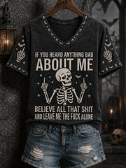 Women's Funny Halloween Skeleton Print Casual V-Neck Tee