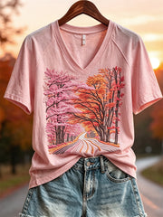 Women's Fall Pink Forest Landscape Print short-sleeved T-shirt