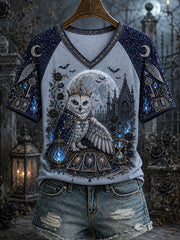 Women's Halloween Owl Print V-Neck T-Shirts