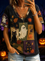 Women's Halloween Boo And Cat Pattern Printed Casual Short Sleeve T-Shirt