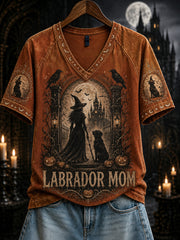 Women's Halloween Witch And Dog Pattern Printed Casual Short Sleeve T-Shirt