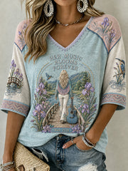 Women's Country Music Legend Tribute Casual Memorial Mid-length Sleeves V-Neck T-Shirt