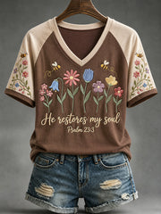 Women's He Restores My Soul Print V-Neck Tee