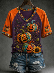 Women's Fall Halloween Pumpkin Bat Short Sleeve T-shirt