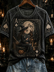 Women's Halloween Poker Elements Witch and Dog Pattern Design Casual Short Sleeve T-Shirt