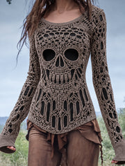 Women's Halloween Skeleton Art Print Round-Neck Long-Sleeve T-Shirt