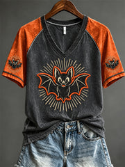 Women's Halloween Vintage Bat V-neck Short Sleeve T-shirt