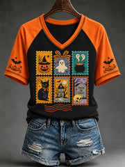 Women's Halloween Cute Ghost Pumpkin Cat V-neck Short Sleeve T-shirt