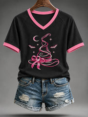 Women's Breast Cancer Awareness Witch Hat Print V-neck T-shirt