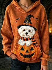 Women's Fall Halloween Peeking Maltese Dog Witch & Pumpkin Print Cozy Hoodie