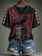 Women's Halloween Crow Spider Web Short Sleeve T-shirt