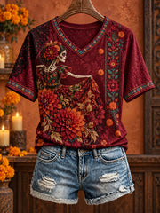 Women's Day of The Dead Floral Art Printed T-shirt