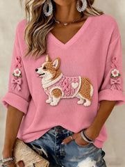 Women's Breast Cancer Dog Printed Mid-length Sleeves V-neck T-shirt