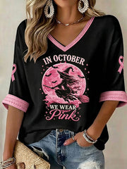 Women's In October We Wear Pink Halloween Witch Mid-length Sleeves V-Neck T-Shirt