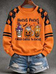 Women's " Hocus Pocus I Need Coffee To Focus" Halloween Graphic Casual Raglan Sleeve Sweatshirt