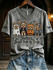 Women's Yorkies Because People Are Creepy Halloween Dogs Print short-sleeved T-shirt