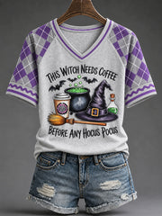 Women's "This Witch Needs Coffee Before Any Hocus Pocus" Halloween Graphic Casual T-Shirt